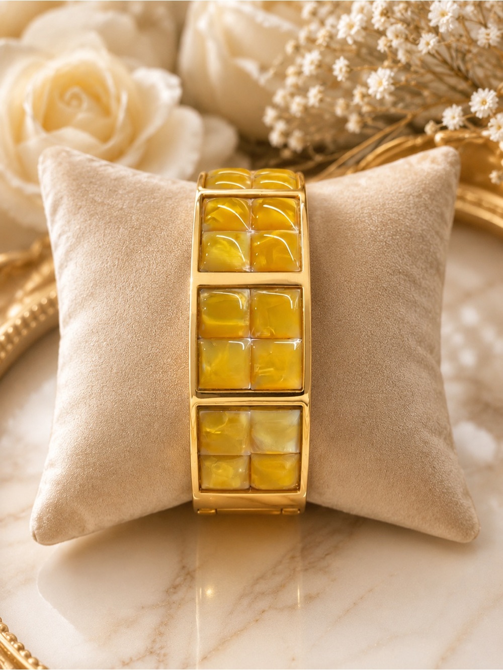 Vintage Gold Tone Yellow Lucite Mosaic Hinged Clamper Bracelet Statement Jewelry